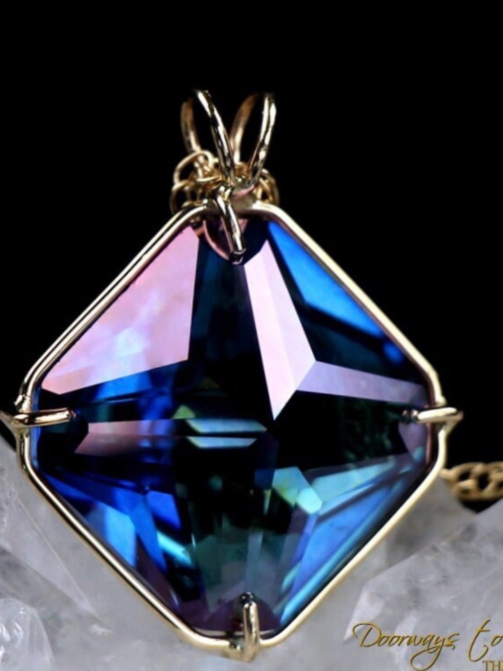 14K Yellow Gold Aqua Aura Magician Stone Pendant